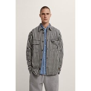 Zara Men's Flannel Shirt Jacket Size M Black White Gingham‎ Button Up Over-shirt